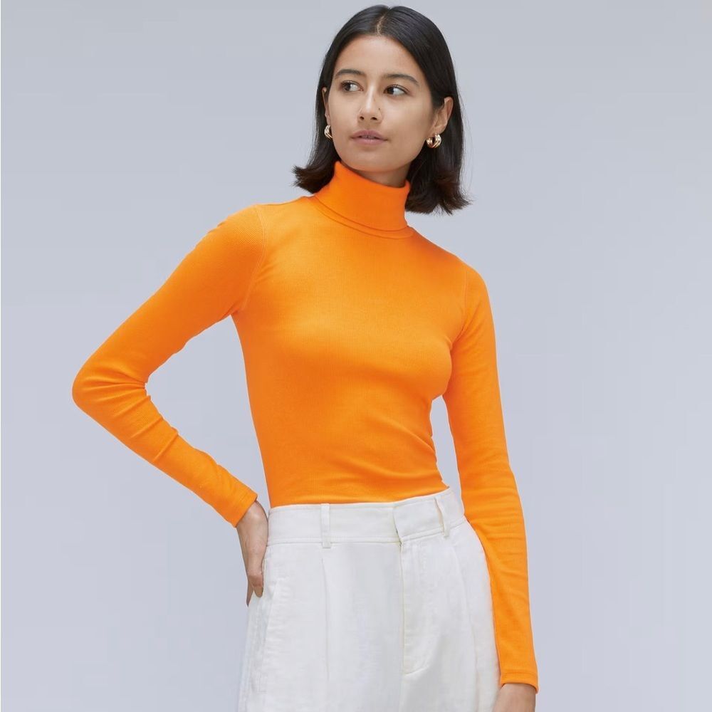 Everlane The Pima Micro-Rib Turtleneck Top in Bright Orange Size XS